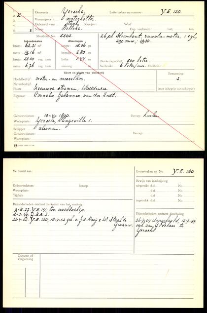 Visserijregistratiekaart YE-120 Nelleke