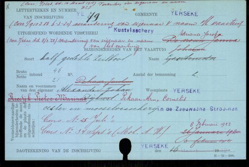 Visserijregistratiekaart YE-79 voorzijde