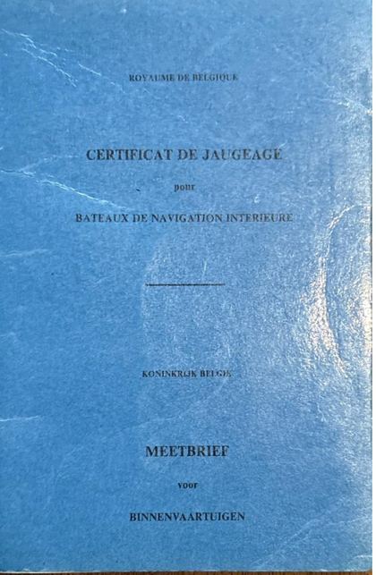 Kaft Belgische meetbrief — Certificat de Jaugeage / Meetbrief voor Binnenvaartuigen