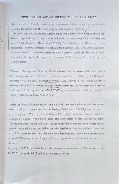 Handgeschreven memo van (vermoedelijk) Robert Frey: “Short resume and description of the M/S Cathrina”