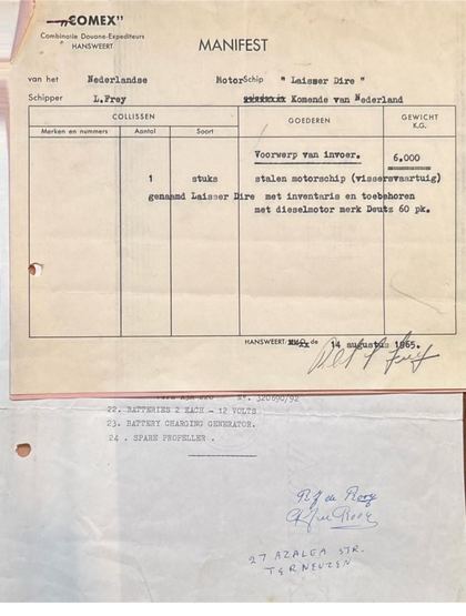 COMEX-douanemanifest Hansweert 1965 — “Laisser Dire”, schipper L. Frey, komende van De Paal + begin inventarislijst