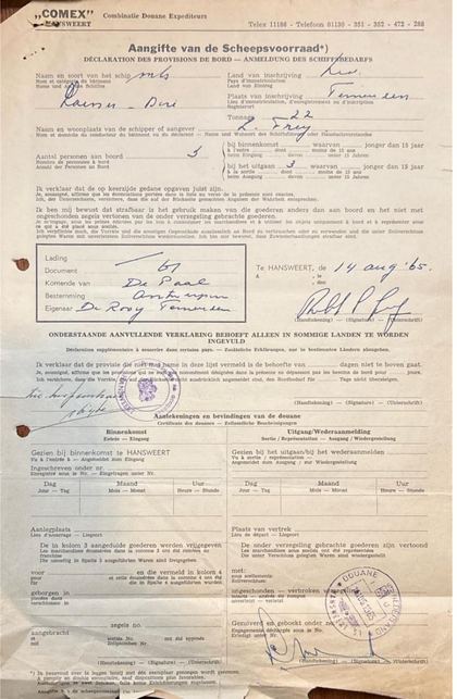 Aangifte van de scheepsvoorraad, douane Hansweert 1965