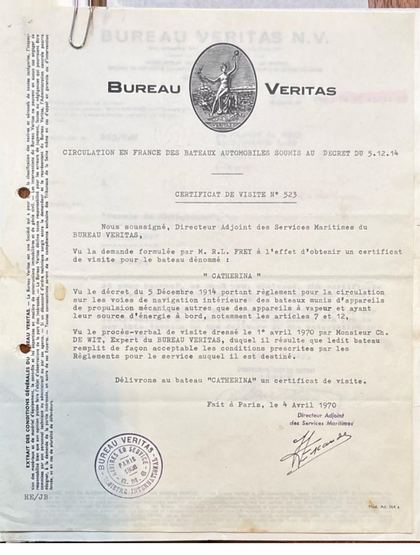 Bureau Veritas — certificaat van visite nr. 523, “Catherina”, Parijs 4-4-1970