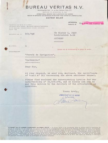 Bureau Veritas — begeleidende brief aan Mr. L. Frey, Antwerpen 1970
