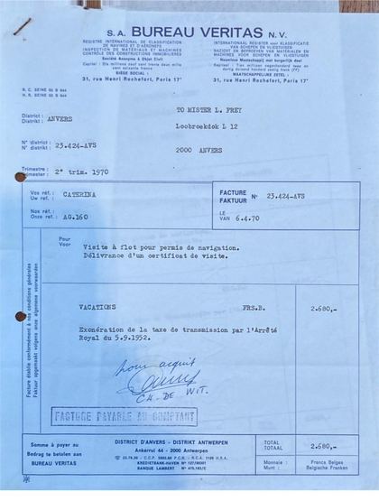 Bureau Veritas — factuur voor keuring, 1970