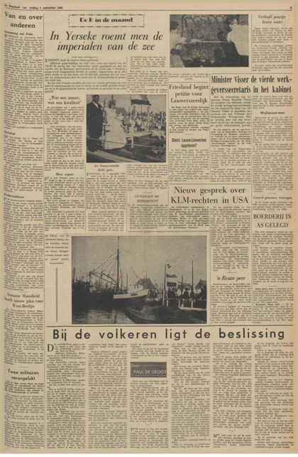 Krantenpagina De Waarheid, 4 september 1959, over de Yerseekse oester- en mosselvisserij