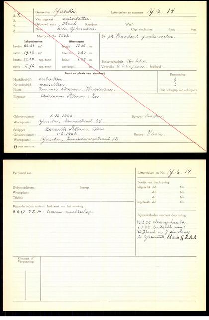 Visserijregistratiekaart YE-14 “Drie Gebroeders” (na 1947 in nieuw register overgeschreven)