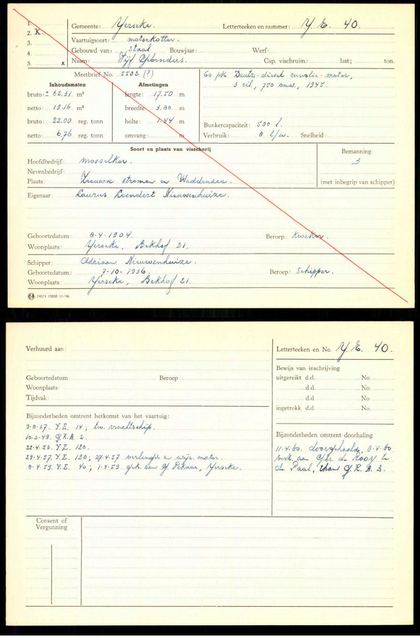 Visserijregistratiekaart YE-40 “Vijf Gebroeders” — met volledige herkomstgeschiedenis
