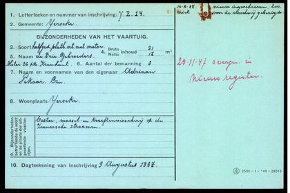 Visserijregistratiekaart YE-14 (origineel exemplaar, 1937)