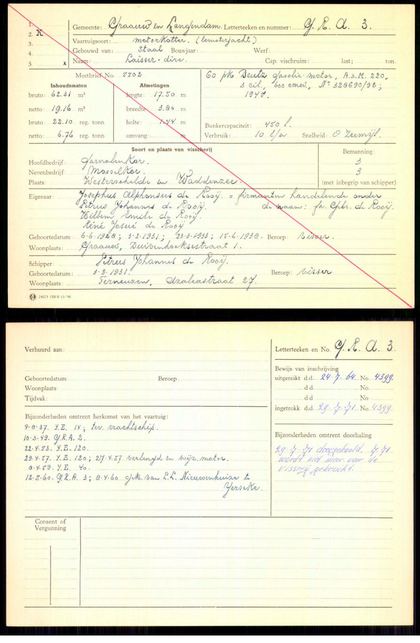 Visserijregistratiekaart GRA-3 “Laisser Dire” — volledige naamketen in één kaart, type “motorkotter (lemsterjacht)”