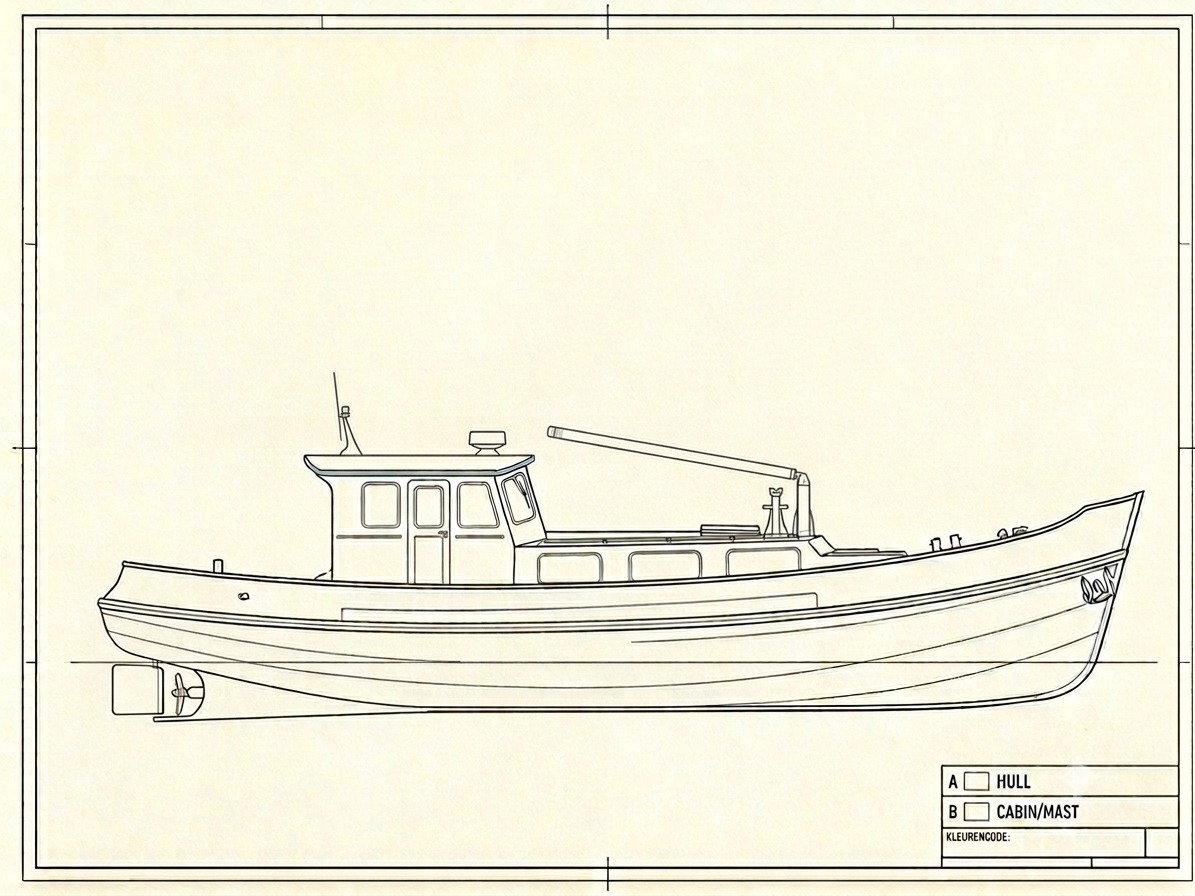 Illustratie fase 3: reisboot met opbouw, mast en kotterboeg